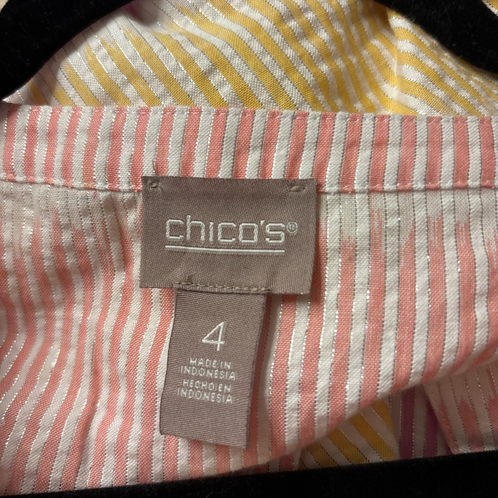 Chico's Pink and Yellow Striped Blouse with Metallic Thread